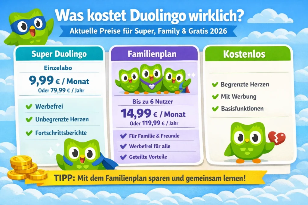 Was kostet Duolingo wirklich? Aktuelle Preise für Super, Family & Gratis 2026